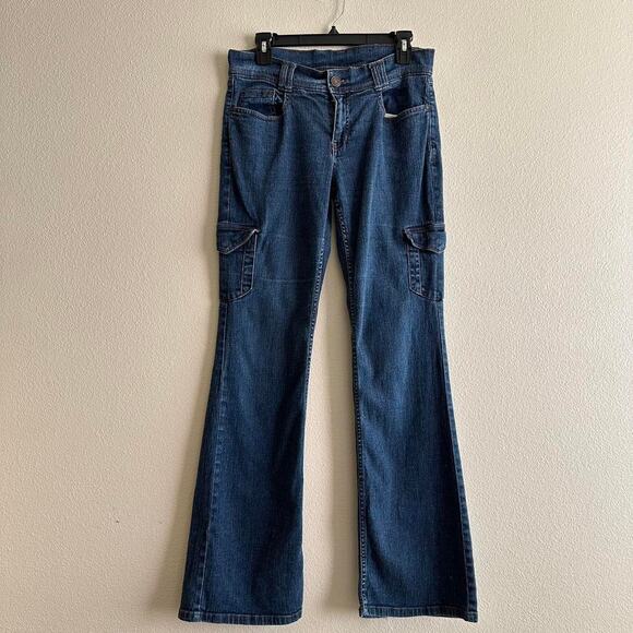 Y2K Faded Glory dark wash low rise flared cargo denim jeans size 8 - Picture 1 of 8